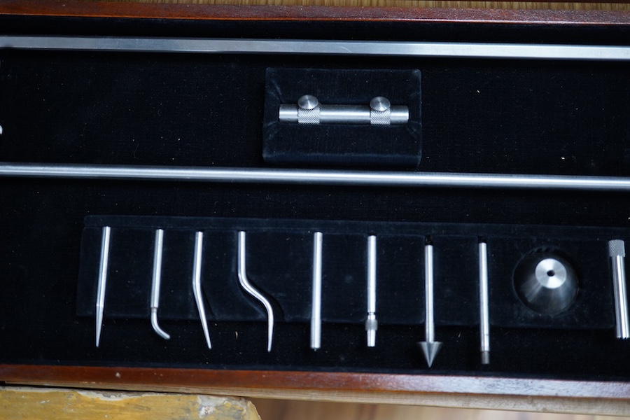 A wooden boxed Rolls stainless steel beam compass, box 53cm x 19cm. Condition - box scratched, compass good, no elements missing
